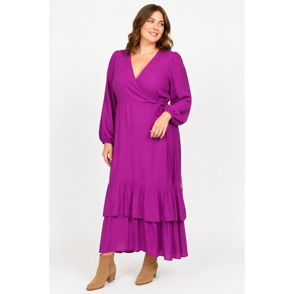 Magenta Wrap Maxi Dress XL Textured Tiered Ruffle Balloon Sleeve Romantic Boho